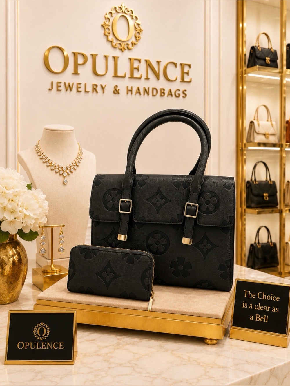 Black Embossed Leather Tote with Matching Wallet - Designer Style